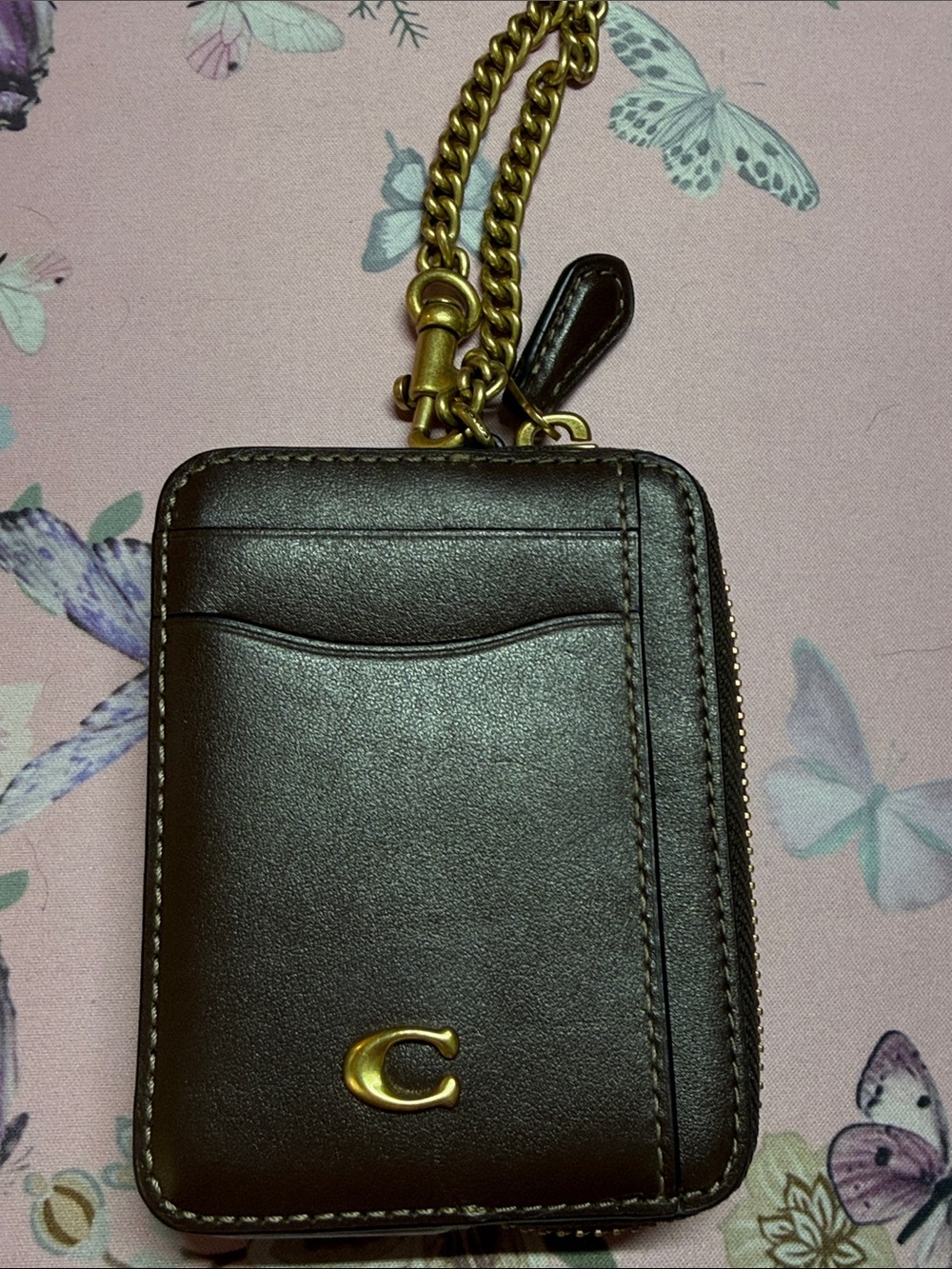 Coach Maple Leather Zip Card Case with Chain